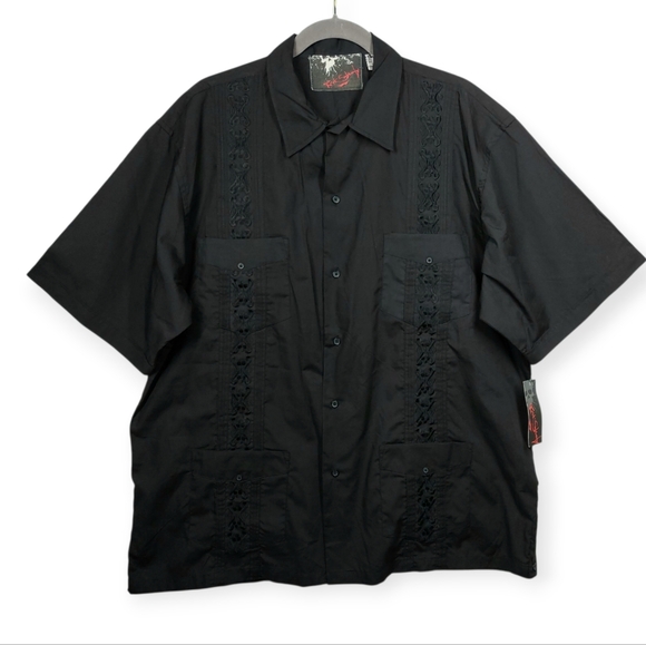 Rock Steady Skull Guayabera Short Sleeve Button Up Shirt Men's XL BLACK - Picture 2 of 11